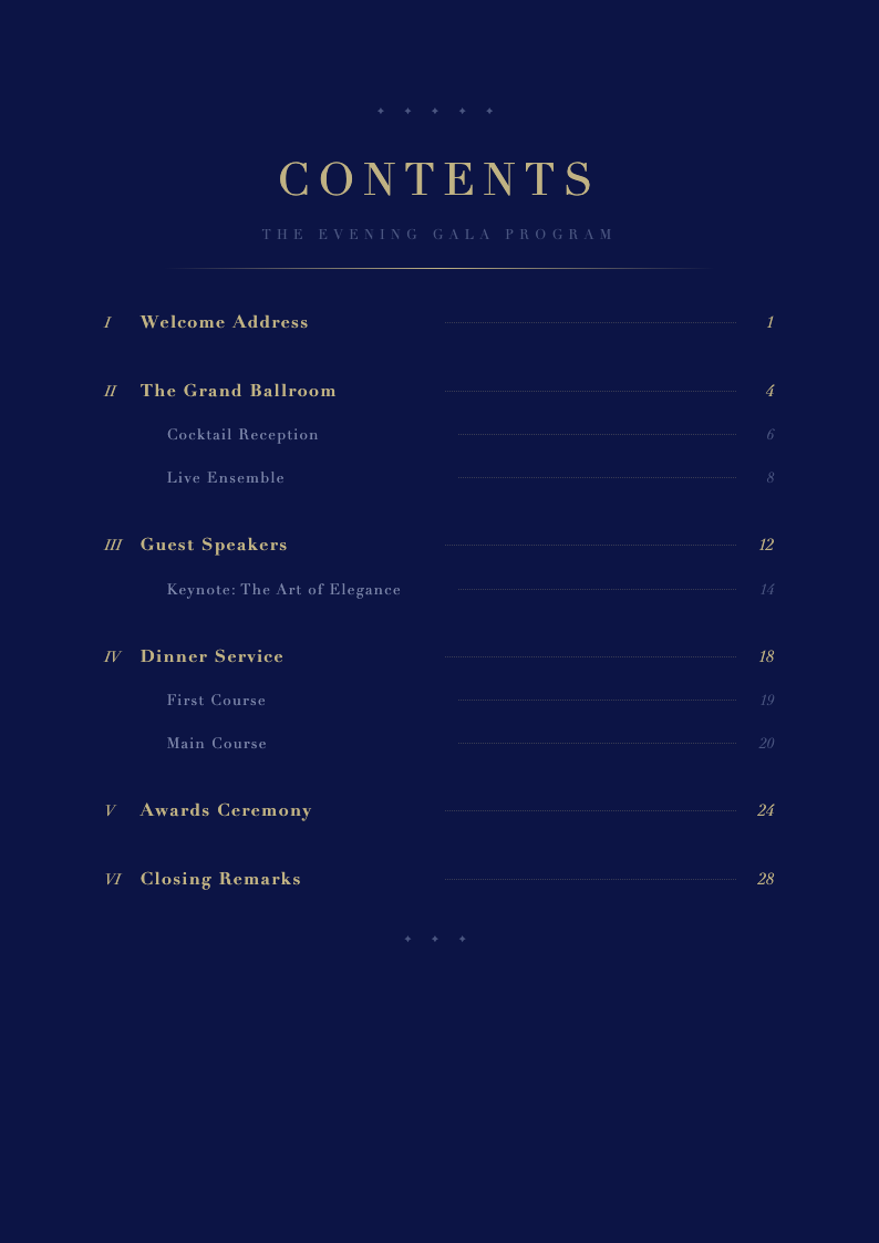 Midnight luxury table of contents